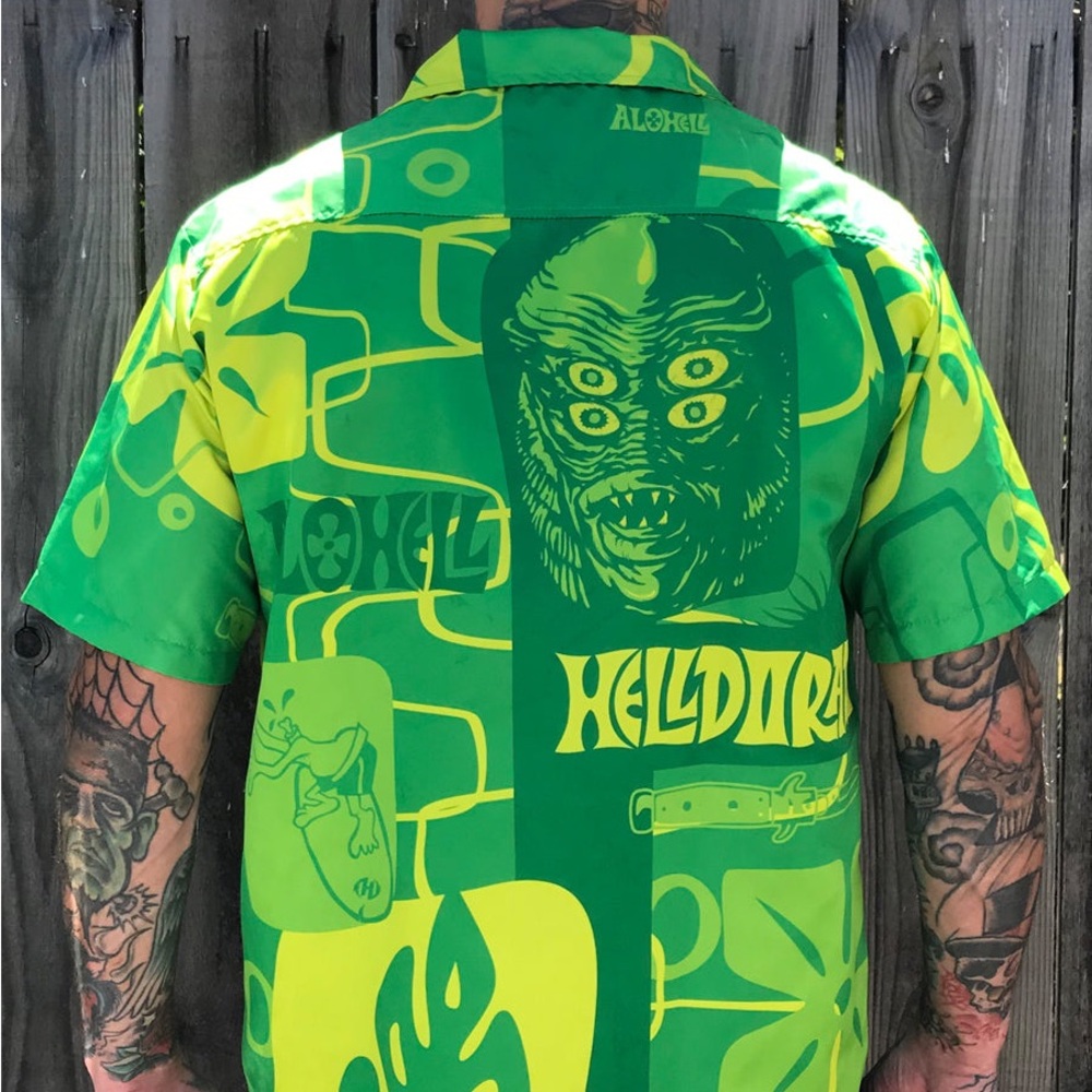 Alohell Creature From The Black Lagoon Hawaiian Tiki Surf Mod Green Shirt - Sz M